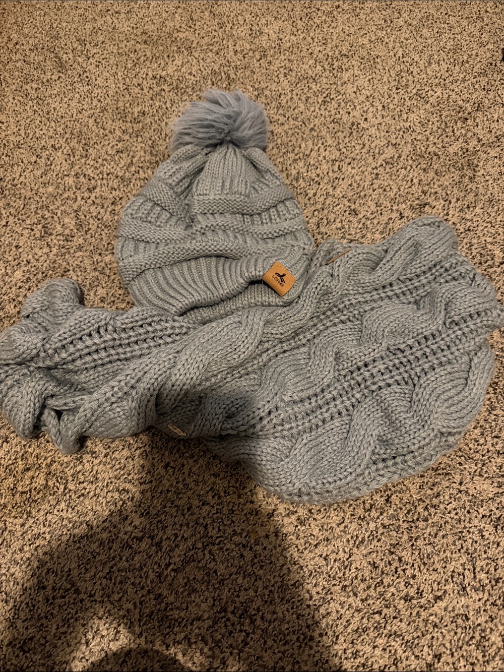 Knit Pom Beanie and Cable Scarf Set - Light Gray - Women’s Accessories